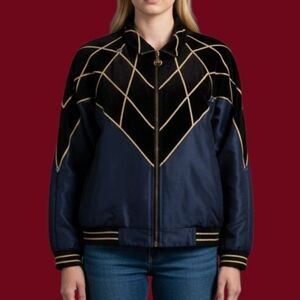 VTG IVANA 1980s Velour Embellished Spider Web Bomber Goth Track Jacket
